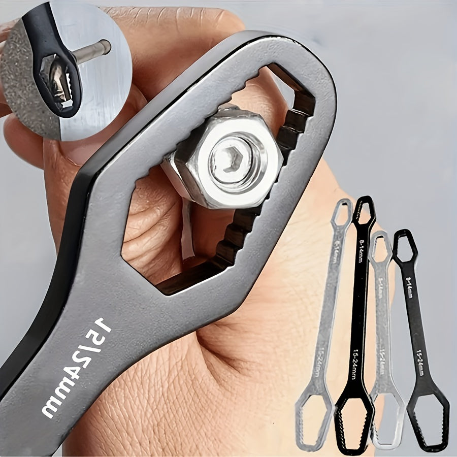 Portable iron wrench adjusts to fit keyholes from 3-17mm, ideal for automotive and home use.