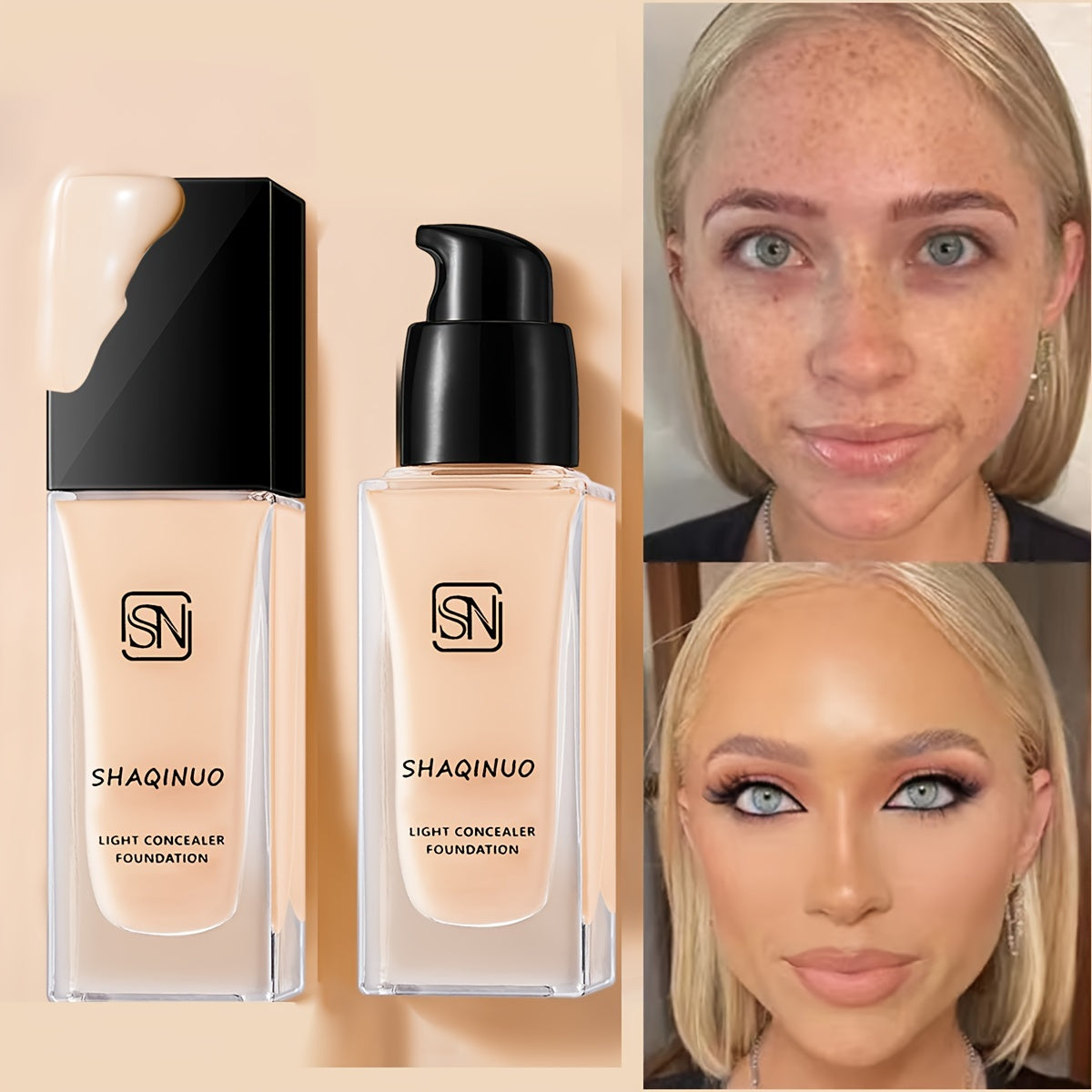 Shaqinuo Light Foundation - Hydrating BB Cream for All Skin Tones, Waterproof, Sweatproof, Evens Skin Tone, Conceals Blemishes, Dark Circles, Pore Minimization, Black Pump Dispenser