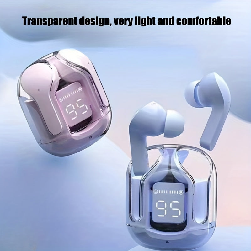 New wireless in-ear headphones with multi-color semi-transparent appearance and LED display.