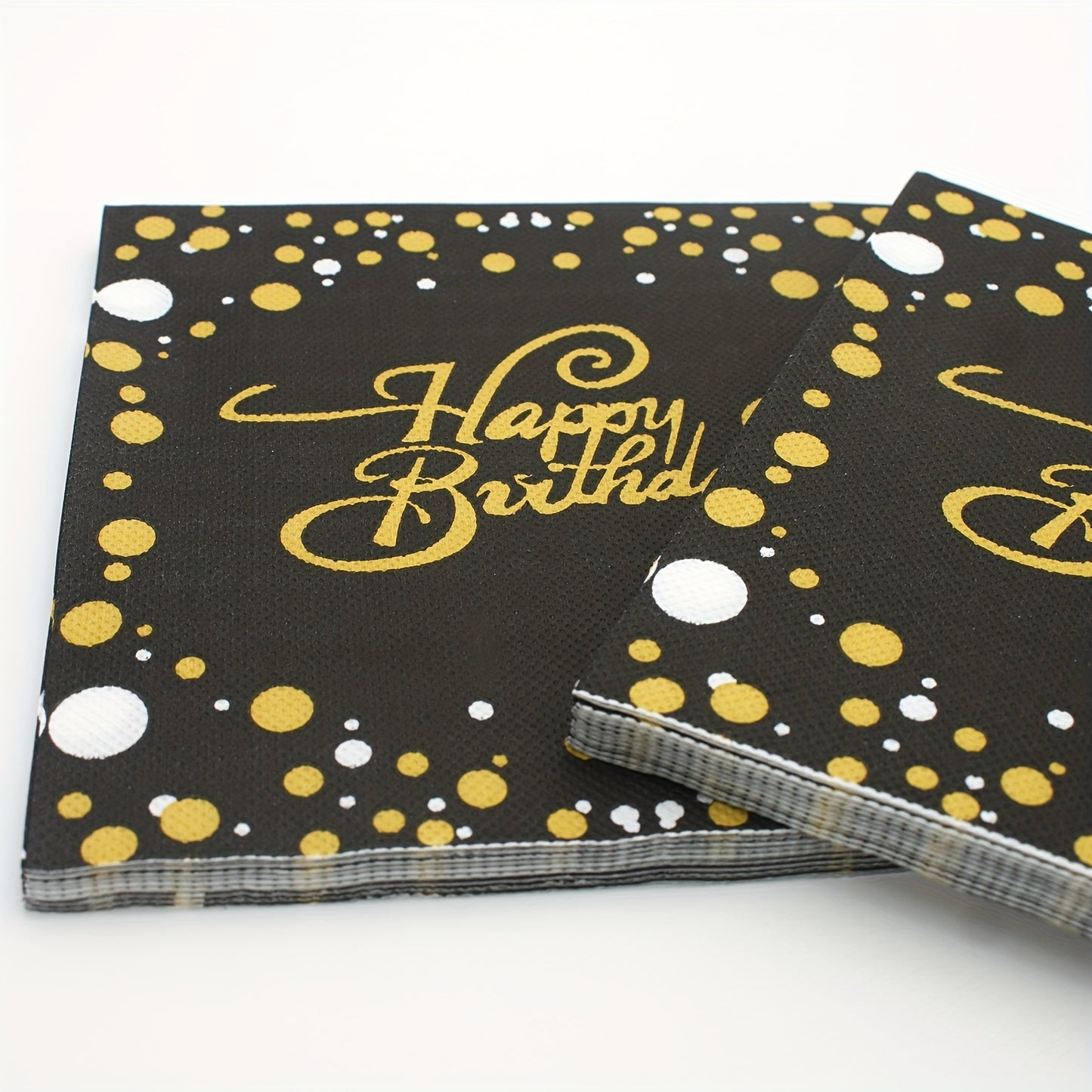 20 Black napkins (33.02cmx33.02cm) with gold Happy Birthday pattern, ideal for events such as weddings, anniversaries, and birthdays.