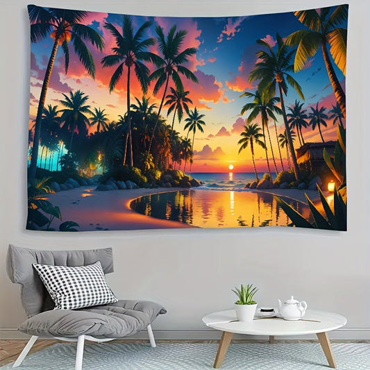 Enhance your Nursery Decor with this Breathtaking Sunset Beach Tapestry featuring Palm Trees & Pool - High-Quality 8K Artwork made from Polyester, perfect as a Wall Hanging