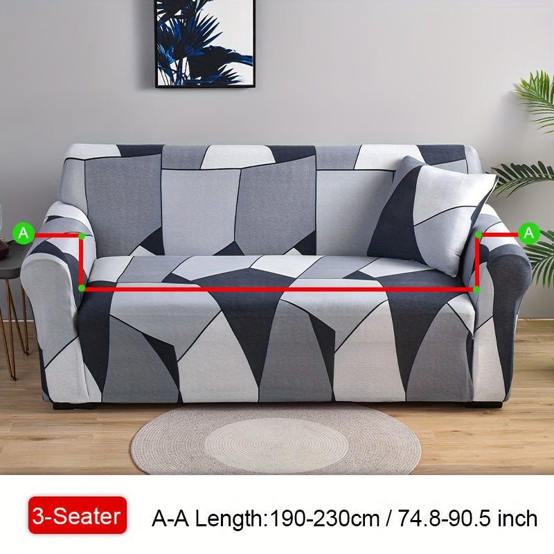 Spandex sofa slipcover with geometric pattern for home decor.