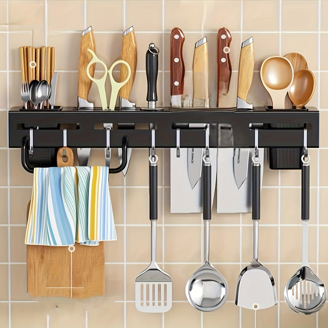 One piece of high-quality carbon steel knife rack designed for modern home kitchen storage. This rack is no-drill wall-mounted and features a multi-functional design with hooks, a towel rod, and a draining utensil caddy.