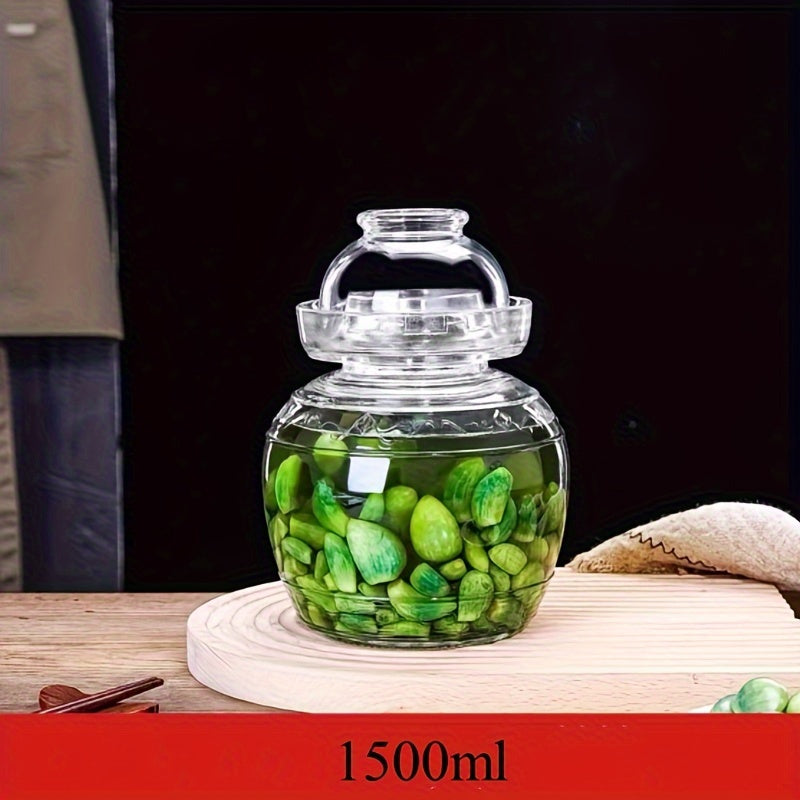 Glass fermentation jar with lid for pickling, 1500ml capacity, ideal for kimchi, sauerkraut, and more. Made of high borosilicate glass with water seal design.