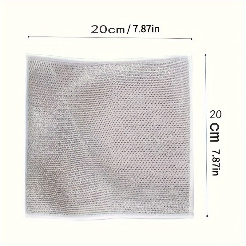 Introducing our versatile miracle cleaning cloth, made of 6/10/12 pieces of steel wire. Perfect for washing dishes with dry or wet use. This cloth won't scratch your dishes and is easy to rinse and machine washable. 20 cm in size.