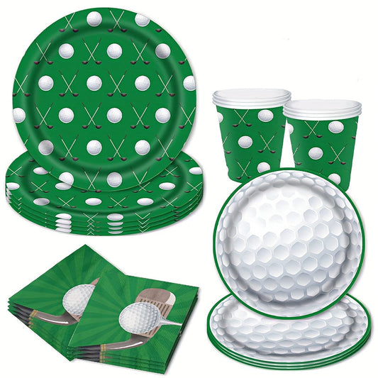 Set the stage for a fun-filled golf party with this 64 piece set of Golf Party Decorations. Featuring a sports theme, these tableware items include golf ball plates, napkins, and cups. Perfect for any golf fan's birthday celebration, these party supplies