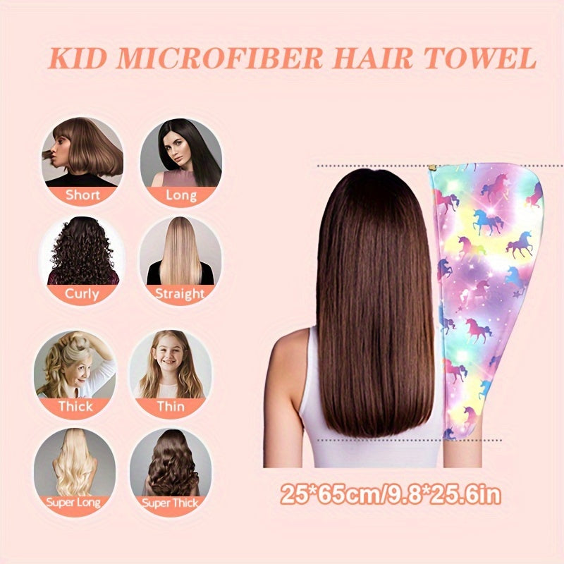 Printed microfiber hair towel for kids with quick-drying soft fabric, and button hair bandana for girls to wrap wet hair in salon.