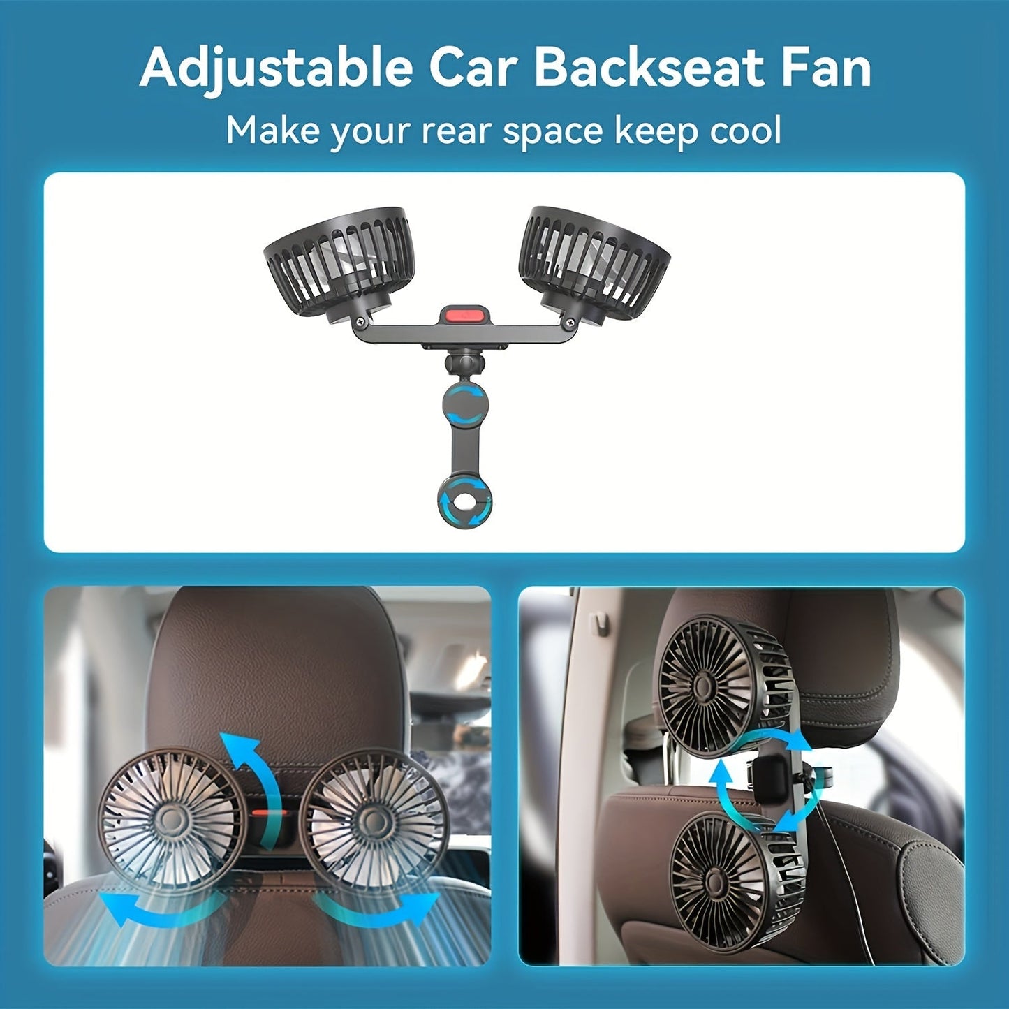 Rear Seat Back Car Fan with Dual-Head Design, Large Wind Volume and Multi-Speed Adjustment for Powerful Airflow, Adjustable Angles for Maximum Comfort