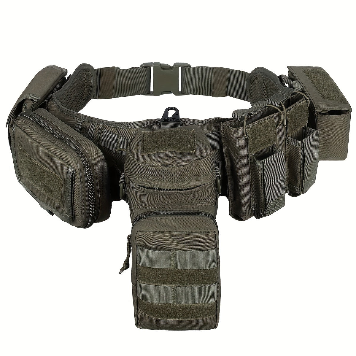 BOMTURN Tactical Utility Belt Set with MOLLE System includes 7 pieces of camouflaged polyester gear suitable for hunting and fishing.