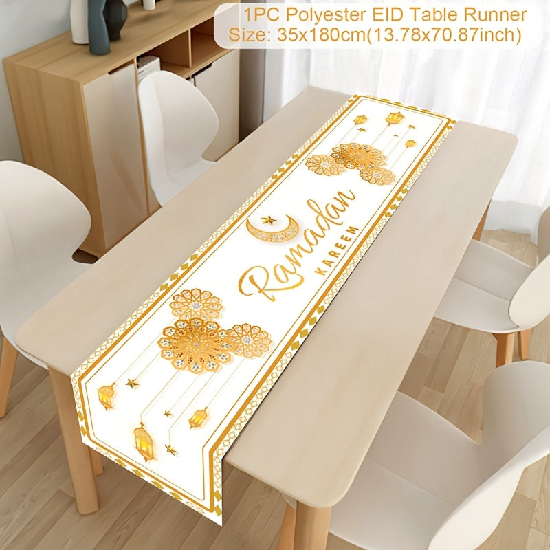 Polyester Ramadan table runner and flag featuring Eid Mubarak designs, perfect for home decorations and gifts during Ramadan and Eid Al-Fitr celebrations. Ideal for Islamic Muslim party