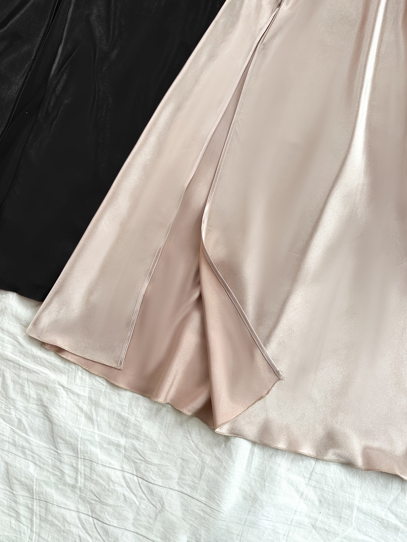 Woman's elegant satin turtleneck sleep dress with backless split, comfortable nightgown.