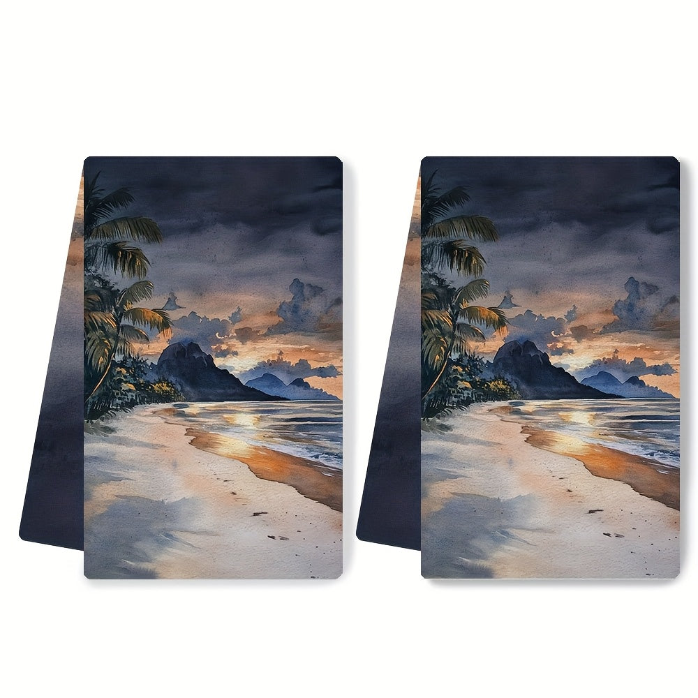 Set of 2 Ultra Soft Kitchen Towels featuring a Tropical Beach Sunset Scene. These towels are highly absorbent and machine washable, measuring 40.64x60.96 cm. Perfect for holiday decor and as dish towels.