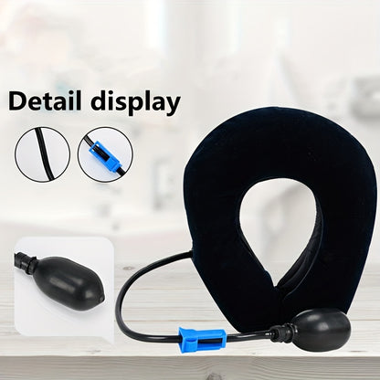 Thick/thin inflatable neck pillow for travel and relaxation with stretch and traction capabilities.