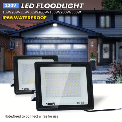 Aluminum LED floodlight suitable for outdoor use, ranging from 10-300W. Ideal for garden or playground lighting.