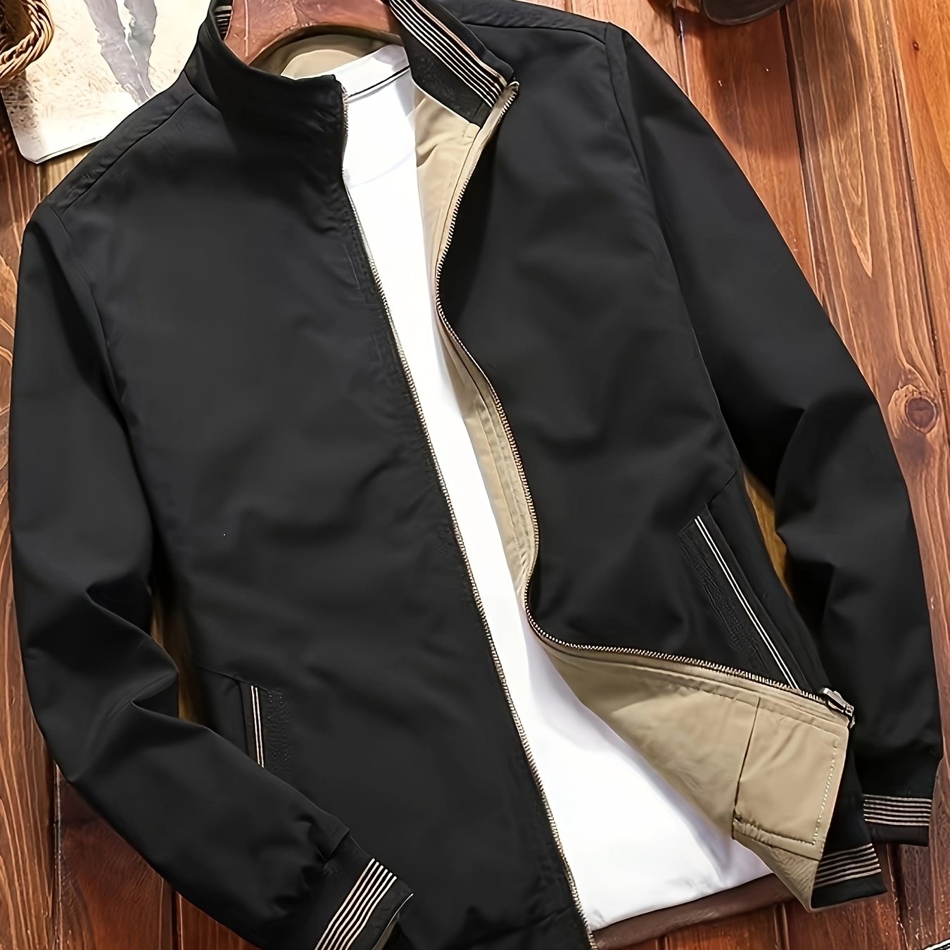 Men's olive green zip-up jacket with stand collar, dual-sided design and pockets. Machine washable and trendy for casual wear.