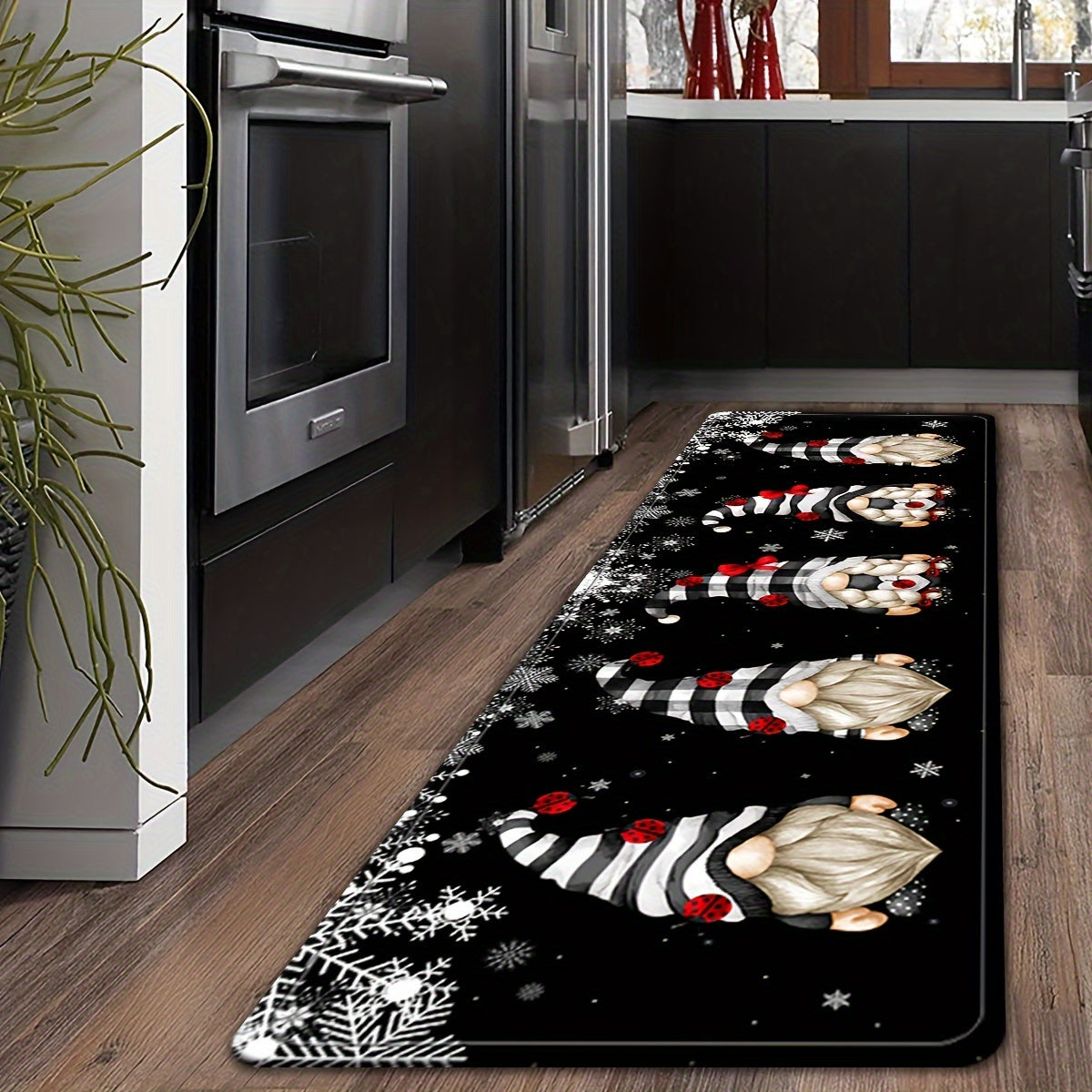 Black and white gnome crystal bath mat rugs, featuring a Santa Claus pattern. Waterproof and easy to clean, these seasonal decorations are perfect for adding a cute aesthetic touch to your home. Ideal for use as a floor mat or carpet, these art supplies