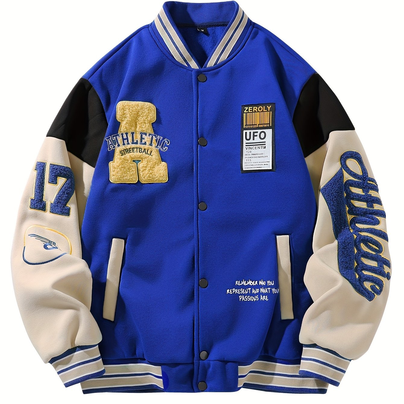 Men's casual varsity jacket with letter embroidery, made of knit polyester and machine washable. Features a baseball collar, long sleeves, and ideal for fall and winter wear.