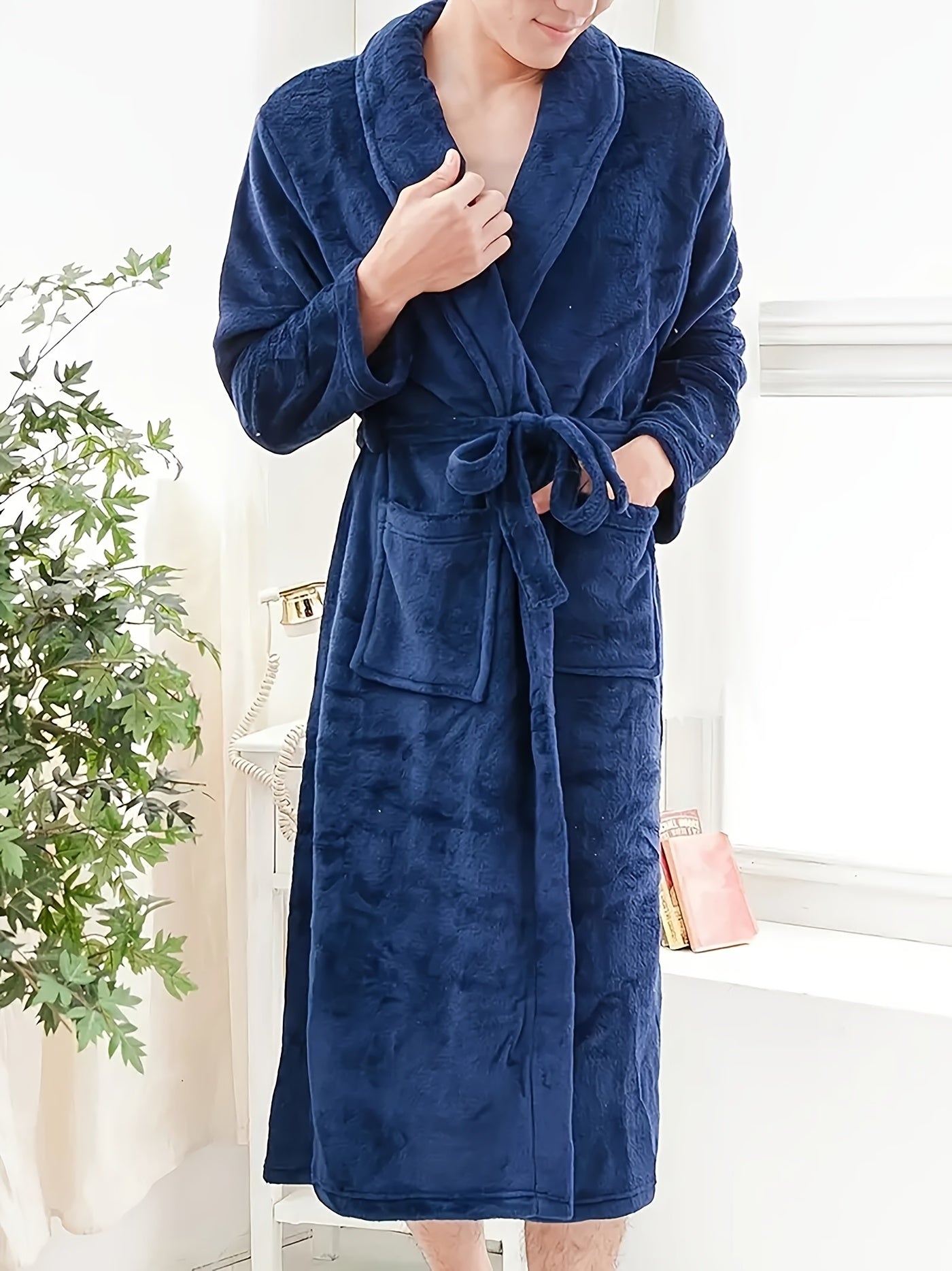 Men's long black fleece robe with large pockets, casual V-neck, adjustable waist tie, cozy lounge wear.