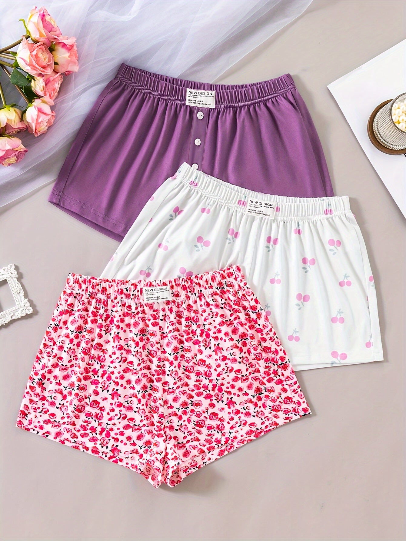 Women's 3-piece lounge shorts set features casual floral print, an elastic waistband, and is machine washable.