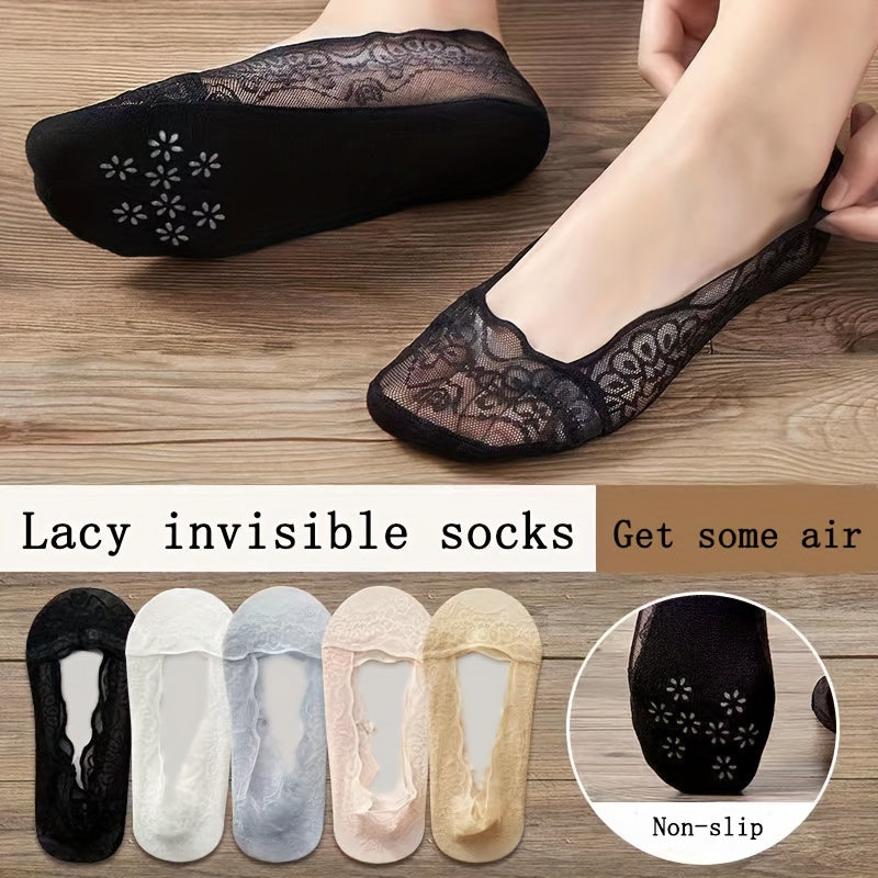 5 Pairs Women's Lace Invisible Socks in Assorted Colors, with No-Show Breathable Sole and Non-Slip Design