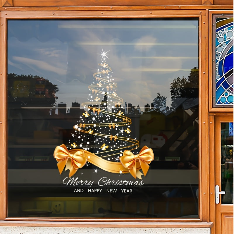 Get ready for the holidays with our festive Golden Christmas Tree static cling sticker! This UV printed sticker with a big bow is the perfect decoration for your bedroom, living room, or window. Made of waterproof PVC, this sticker is removable and