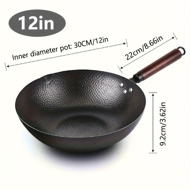 Handcrafted Iron Stir-fry Pot – Flat Bottomed and Uncoated for Induction, Electric, Gas, and Halogen Stoves – Non-Stick, Sturdy, Versatile 12/13 Inches Kitchen Tool