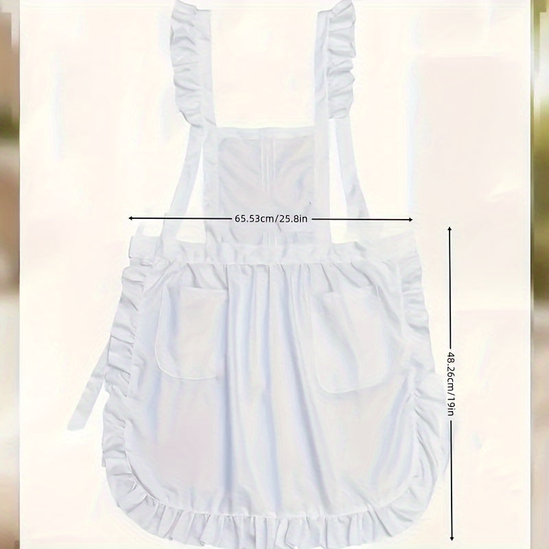 White vintage ruffle apron with pockets for women and girls, suitable for kitchen and cleaning tasks.