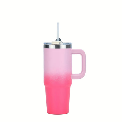 Stainless steel double-layer tumbler with handle, lid, and straw. Vacuum insulated for hot and cold beverages. Ideal for sports and outdoor activities.