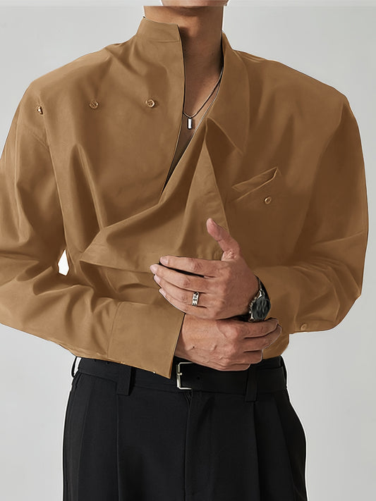 Vintage men's shirt in solid color polyester with asymmetrical lapel collar and drop shoulder design. Ideal for spring/fall season outings.