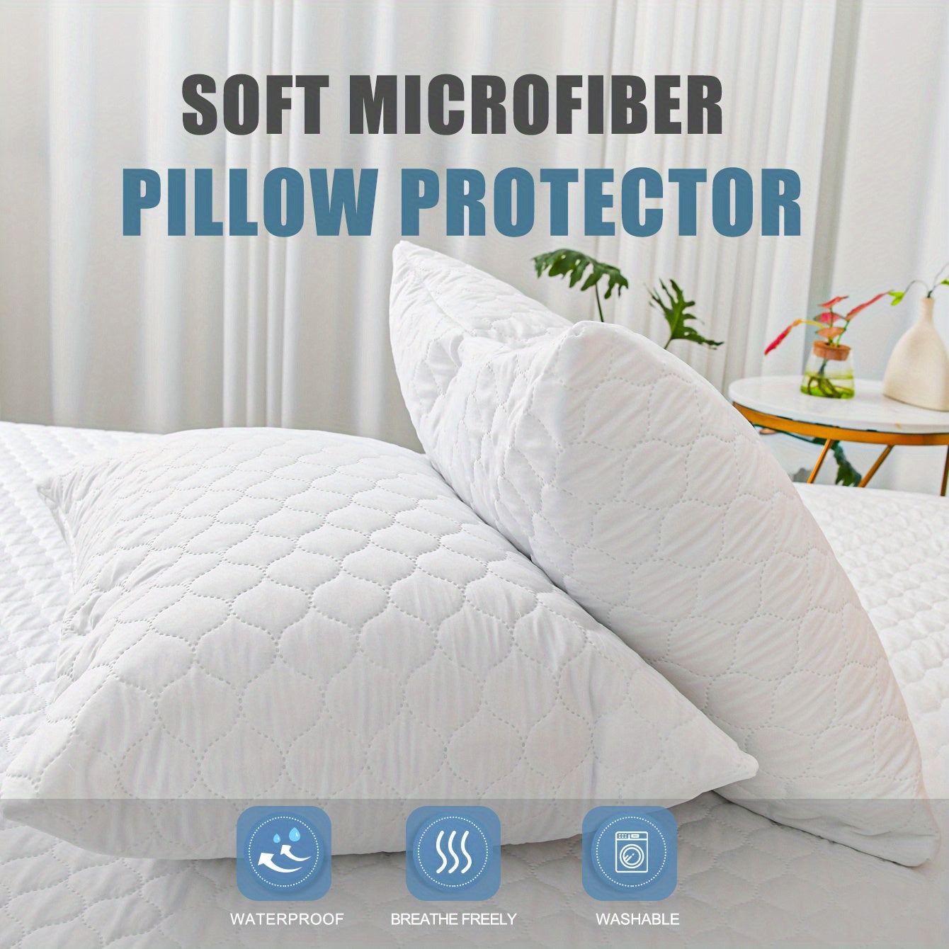 Get double the protection with our 2-Pack of Hypoallergenic Pillow Protectors. Made from 100% polyester, these waterproof and breathable covers are machine washable for easy care. The sanded fabric feels soft against your skin, and the zip closure