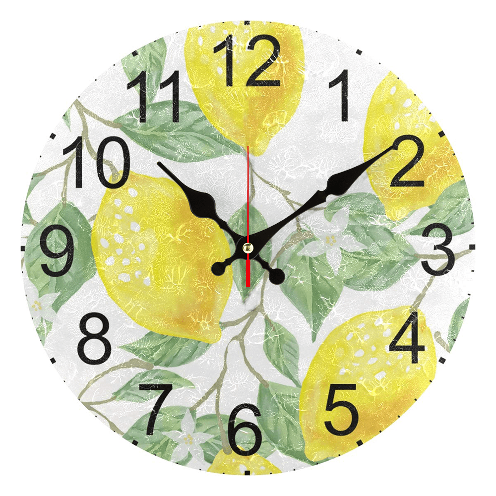 Fruit theme wall clock with golden lemon pattern design, silent non-ticking, AA battery operated. Ideal for living room and kitchen decor.