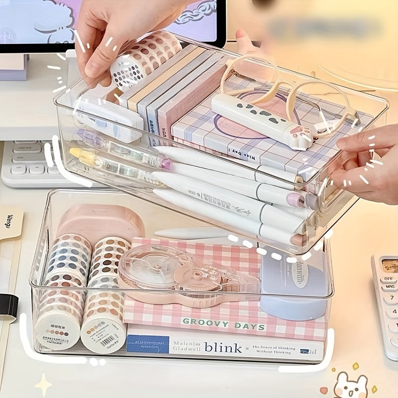 Portable desktop storage box made of acrylic for cosmetics, stationary, toiletries, medicines, and household items. Can be used as a multi-functional storage organizer or makeup organizer.