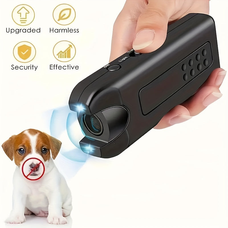 Portable, battery-powered Dog Repellent Device with LED Light using Soundwave technology for outdoor use.