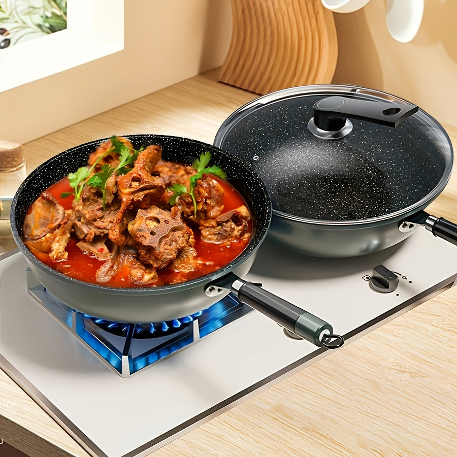 The Emerald Green Non-Stick Cast Iron Skillet comes with an optional Tempered Glass Lid. It is versatile for frying, stirring, and stewing and is compatible with all stovetops. This skillet is easy to clean and can be used on stone pots, outdoor BBQs