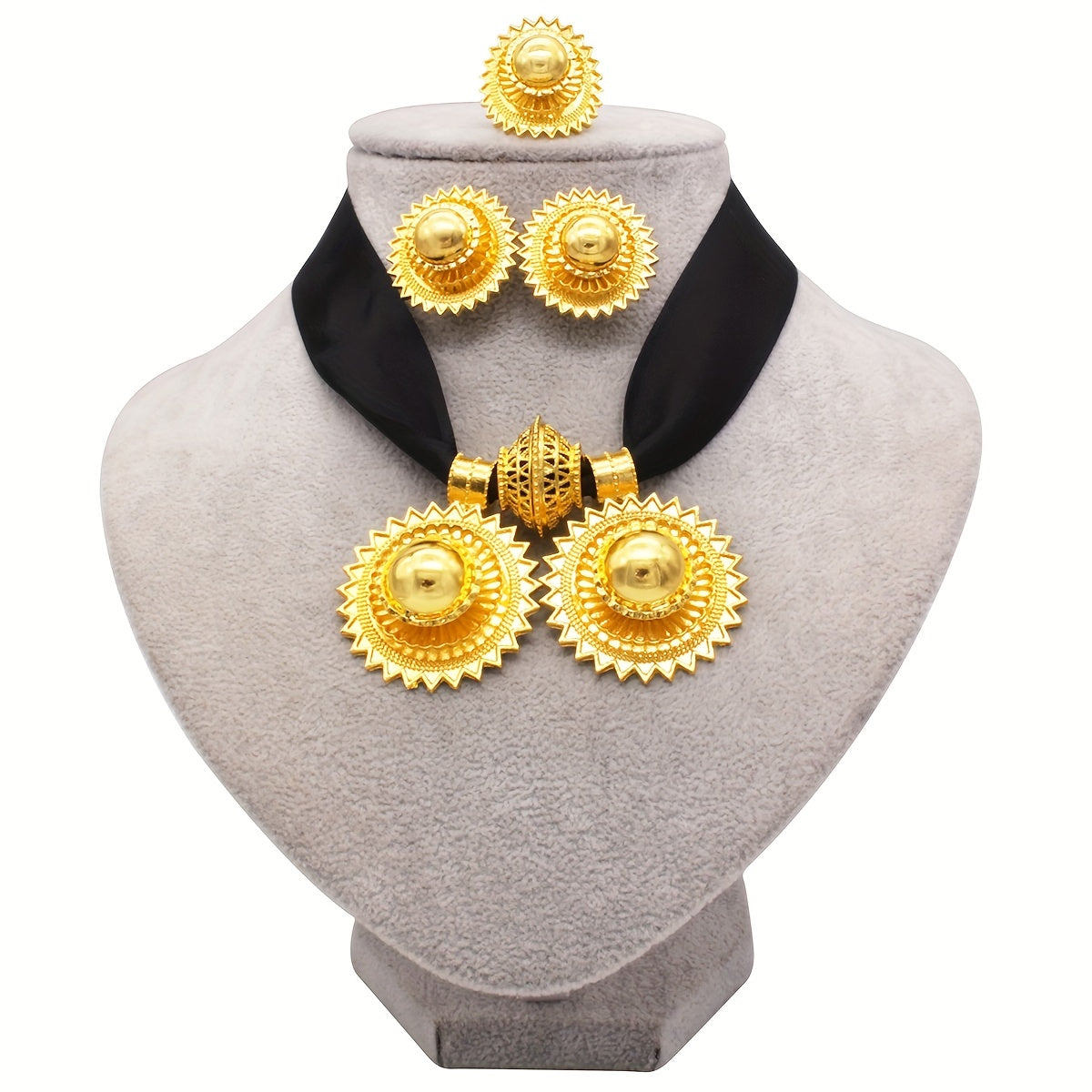 Luxury jewelry set includes four pieces: a necklace, earrings, and a ring plated in multiple colors. Perfect for evening parties and traditional bridal accessorizing. Choose from a variety of colors.