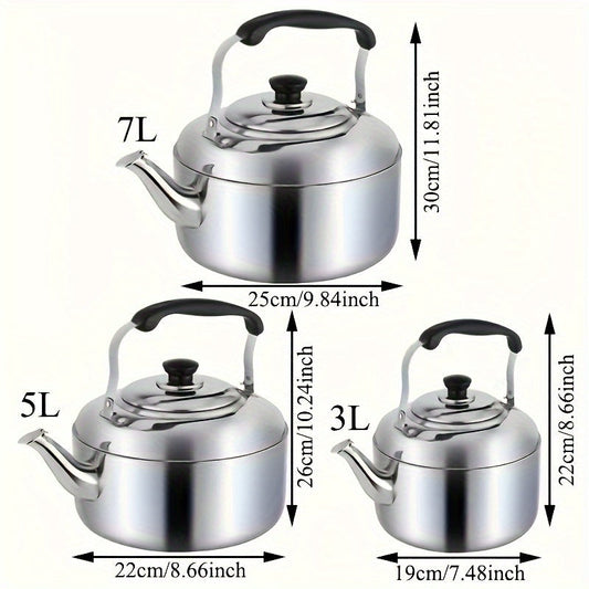 1 piece of Stainless Steel Whistling Kettle, available in 3, 5, or 7 liter sizes. This classic tea pot features a cold handle and is perfect for stovetop hot water boiling for home and cafe use. No electricity required, making it a convenient addition to