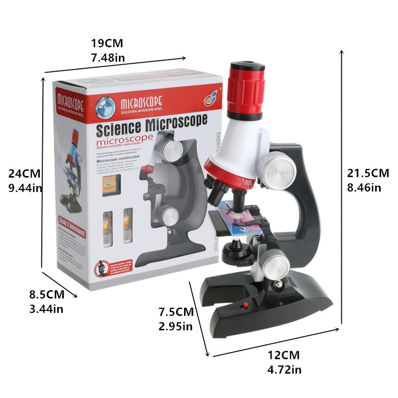 High-definition microscope set for kids with 100X-1200X magnification made of durable ABS material.