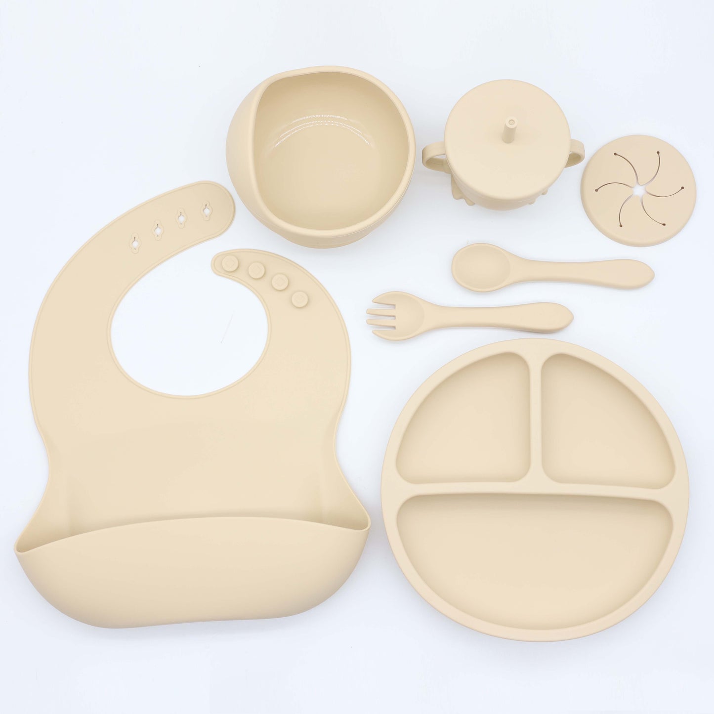 6 piece set of Silicone Feeding Items, featuring a Silicone Bib, Silicone Suction Plate, Silicone Suction Bowl, 2-in-1 Drinking Training Cup. Made of soft and safe, food-grade silicone that is BPA-free. Perfect Easter gift idea.