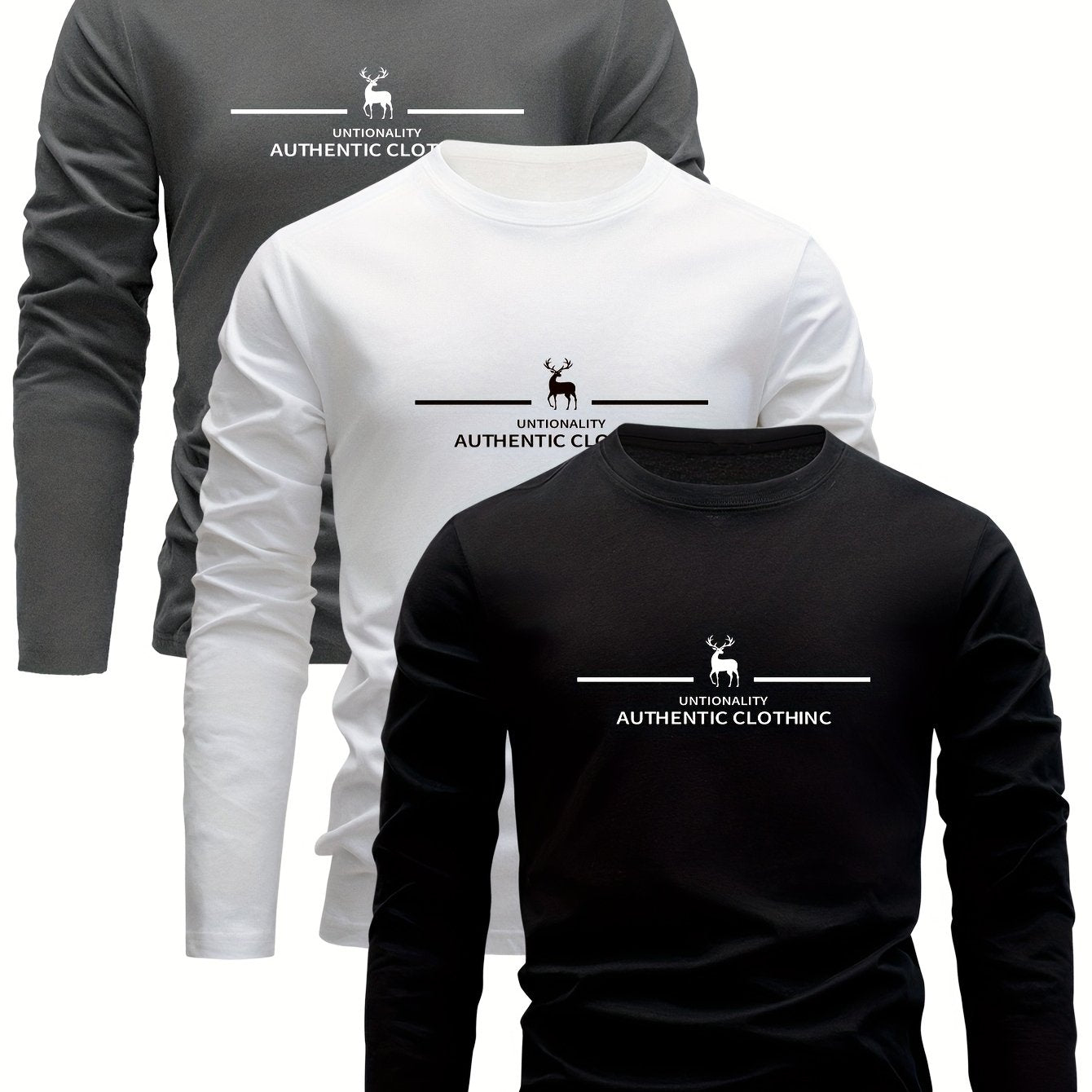 Men's 3-piece cotton long sleeve t-shirts with deer print, ideal for sports and outdoor activities.