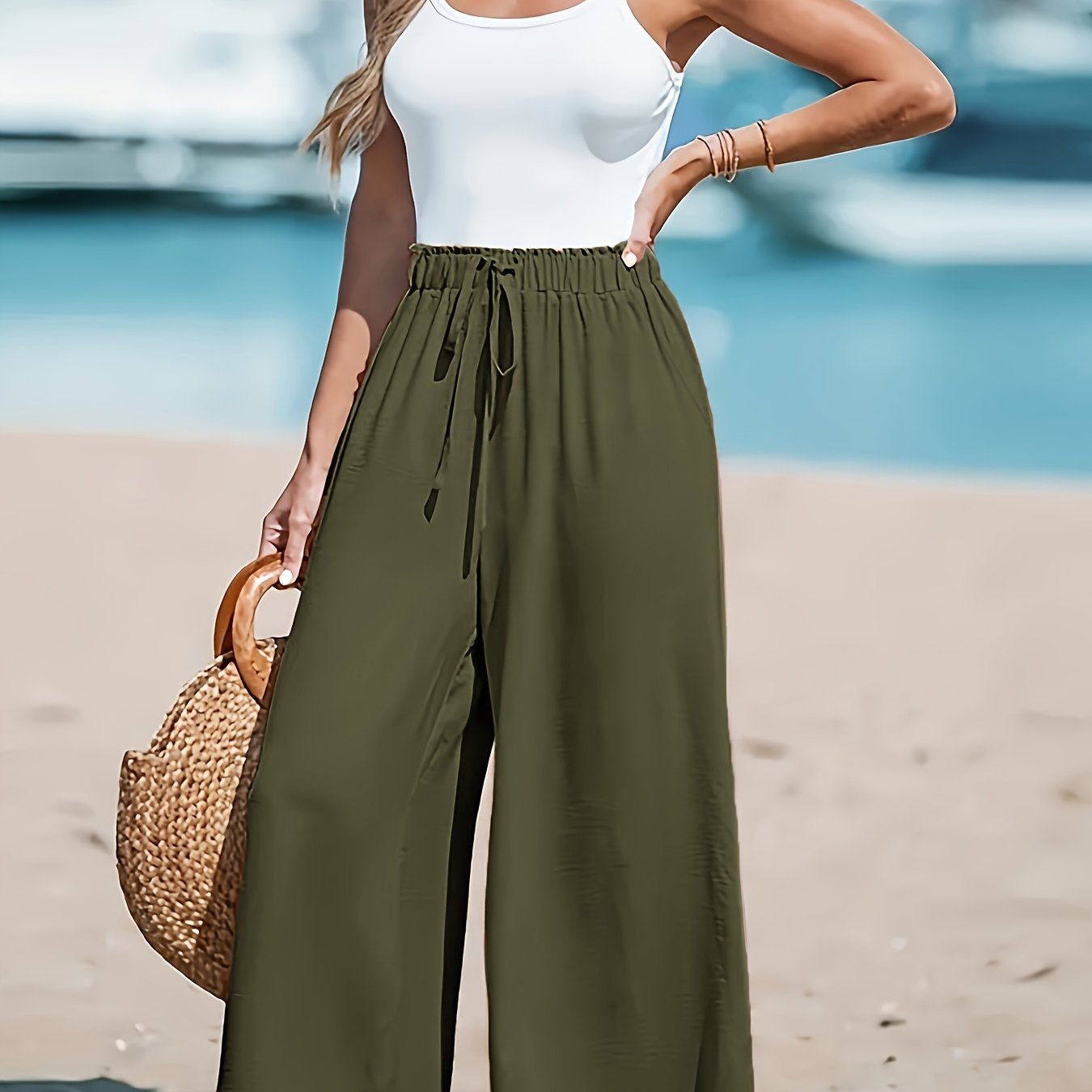 High-waisted wide-leg pants for women's casual wear, comfortable and breathable.