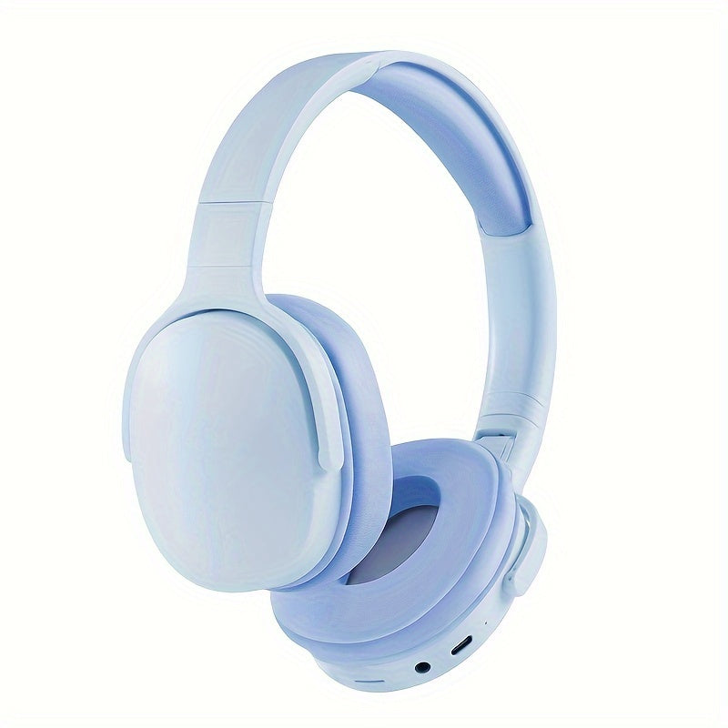 Foldable wireless headphones with stereo sound, passive noise-cancellation, long-lasting battery, and USB charging in light blue/beige/pink/white/black. Comfortable padded ear cups ideal