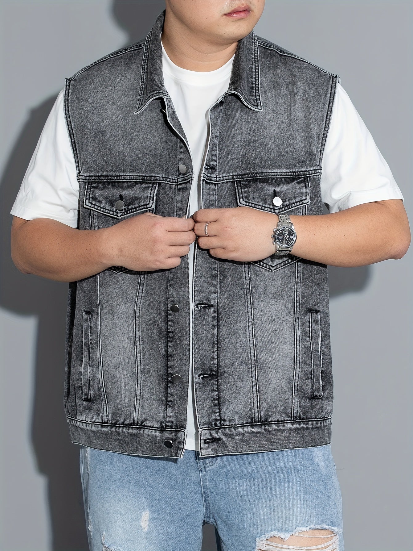 Men's sleeveless denim vest with flap pockets, button closure, lapel collar. Machine washable. Ideal for spring/summer/fall. Plus size.