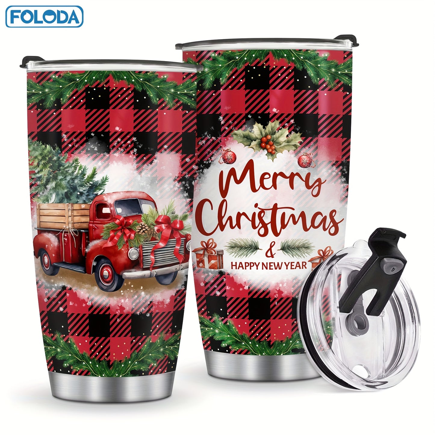 FOLODA 20oz insulated stainless steel tumbler with lid is ideal for running and sports. Features a Christmas Red Truck design, perfect for holiday gifts.