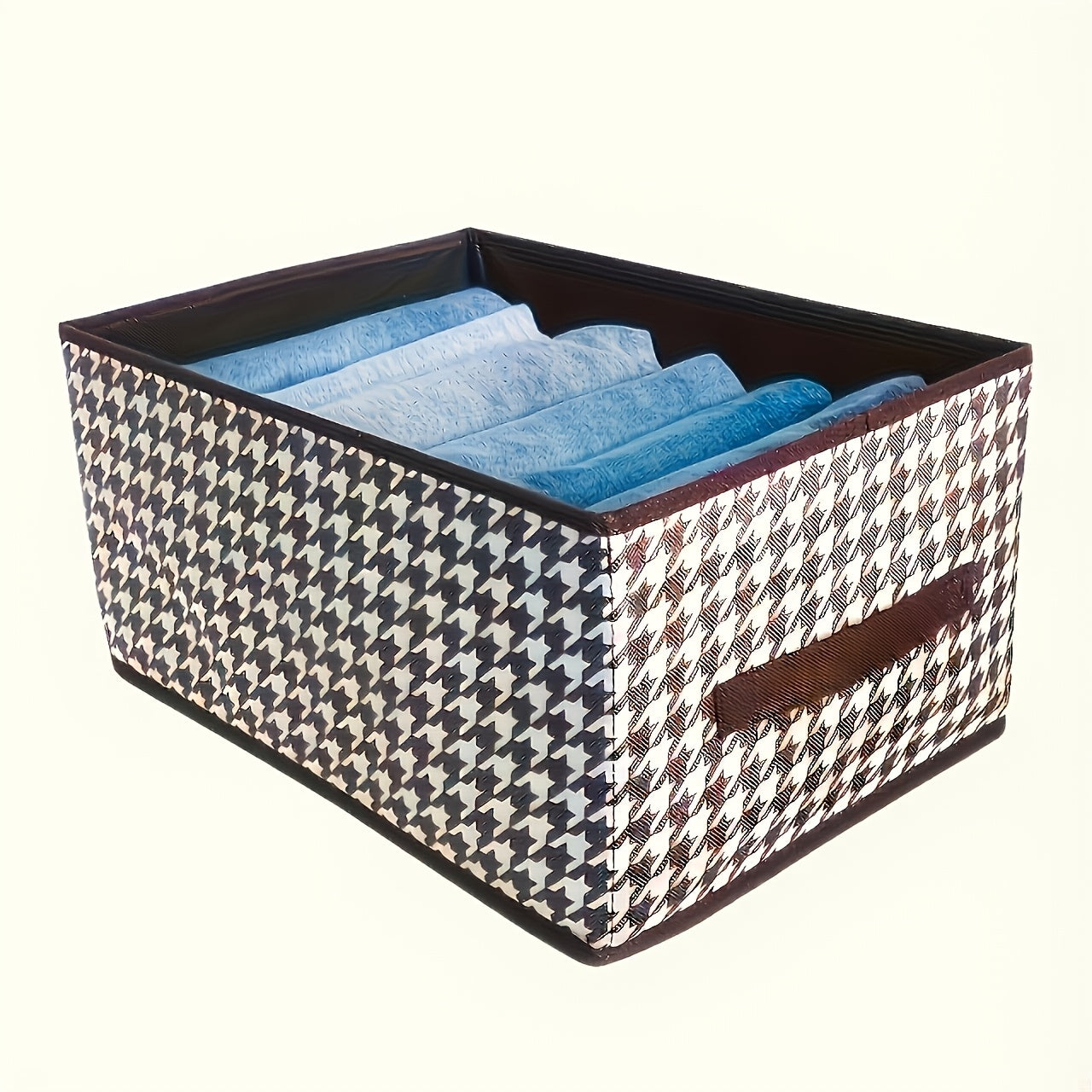 6 large folding storage bins in houndstooth fabric for clothes, toys, and trunk organization.