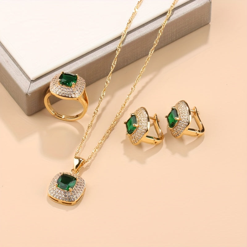 Chic Brazilian/Arabian Top-Selling 4-Piece Jewelry Set for Women - Timeless Design, Synthetic Stone, 18K Gold Plated Copper with Zirconia Detailing - Includes Square Earrings, Ring, and Pendant Necklace Perfect for Special Occasions and Celebrations