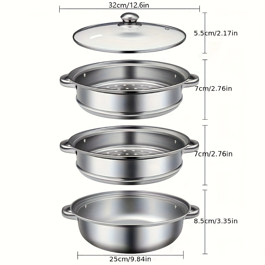 High-Quality Stainless Steel Double-Layer Steamer Set with Glass Lid - Large Size and Heavy-Duty Construction for Superior Cooking Performance