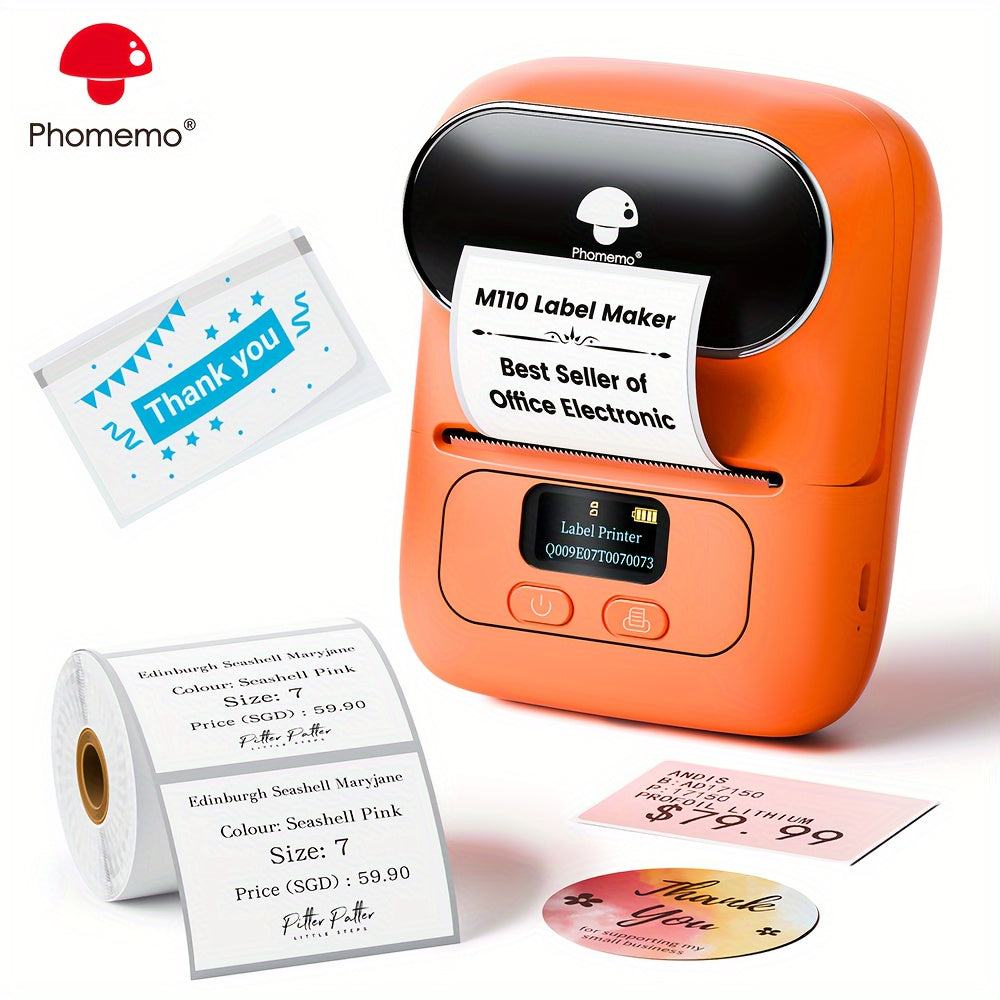 Phomemo M110 Wireless Label Printer with 40x30mm Sticker Roll, ideal for businesses and office use, with wireless connectivity for phones & PCs.