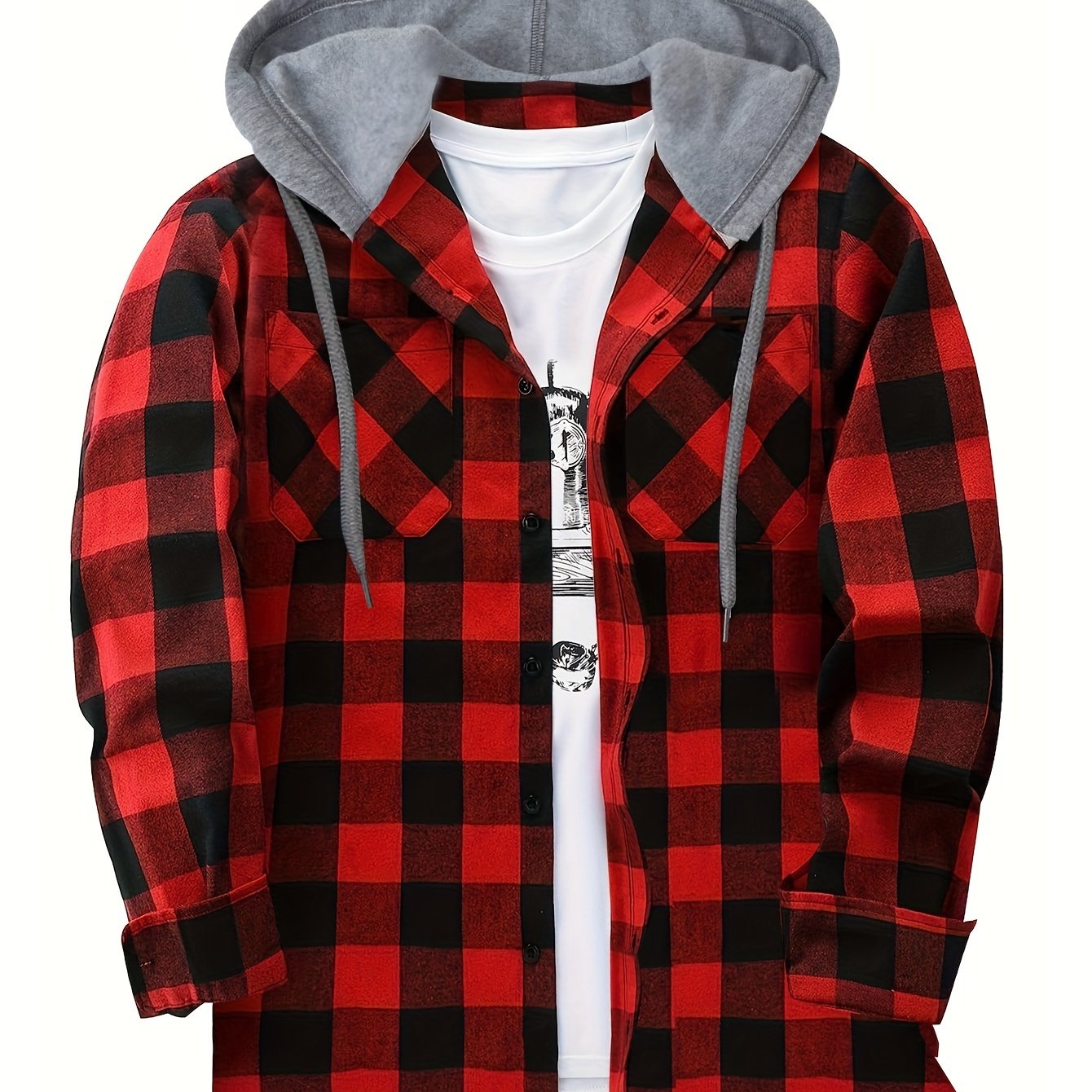 Men's plaid hooded shirt jacket with long sleeves and a regular fit.