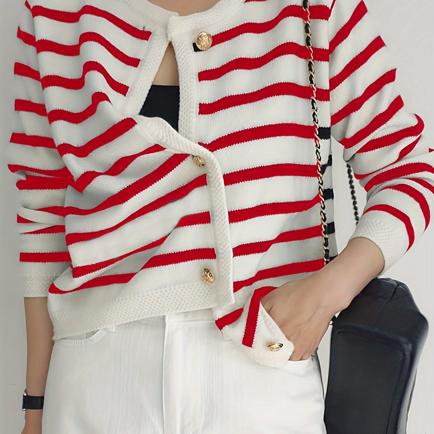 Stylish Striped Knit Cardigan for Women, ideal for Fall layering with button front and long sleeves. Made from high-stretch fabric.