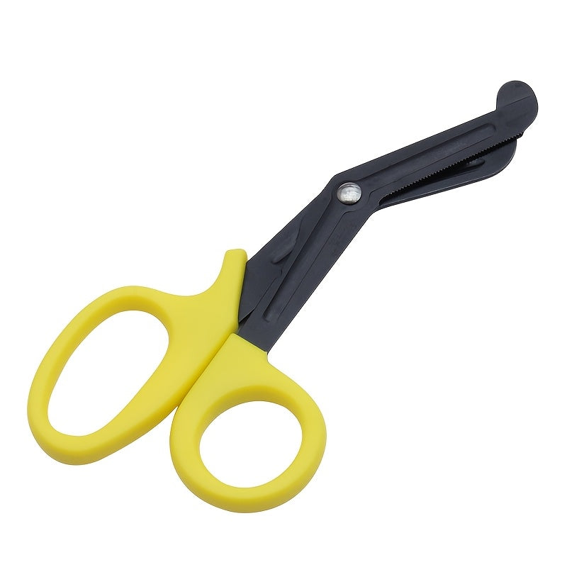 Stainless steel safety scissors with black coating, sharp for various outdoor uses, hand-friendly.